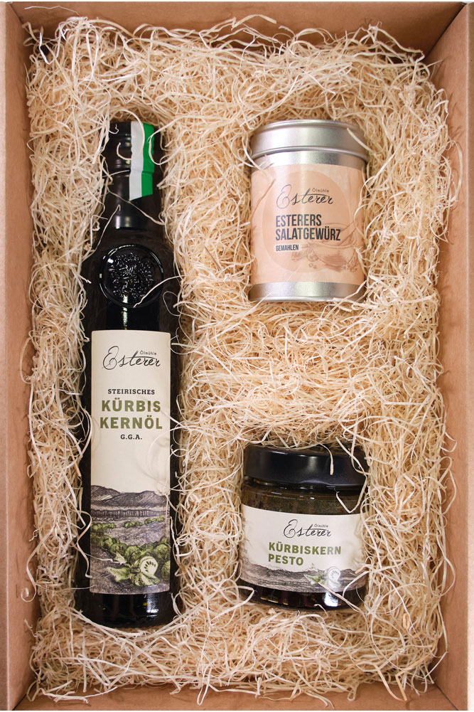 Geschenkspaket Schmankerl Mini Oelmuehle Esterer