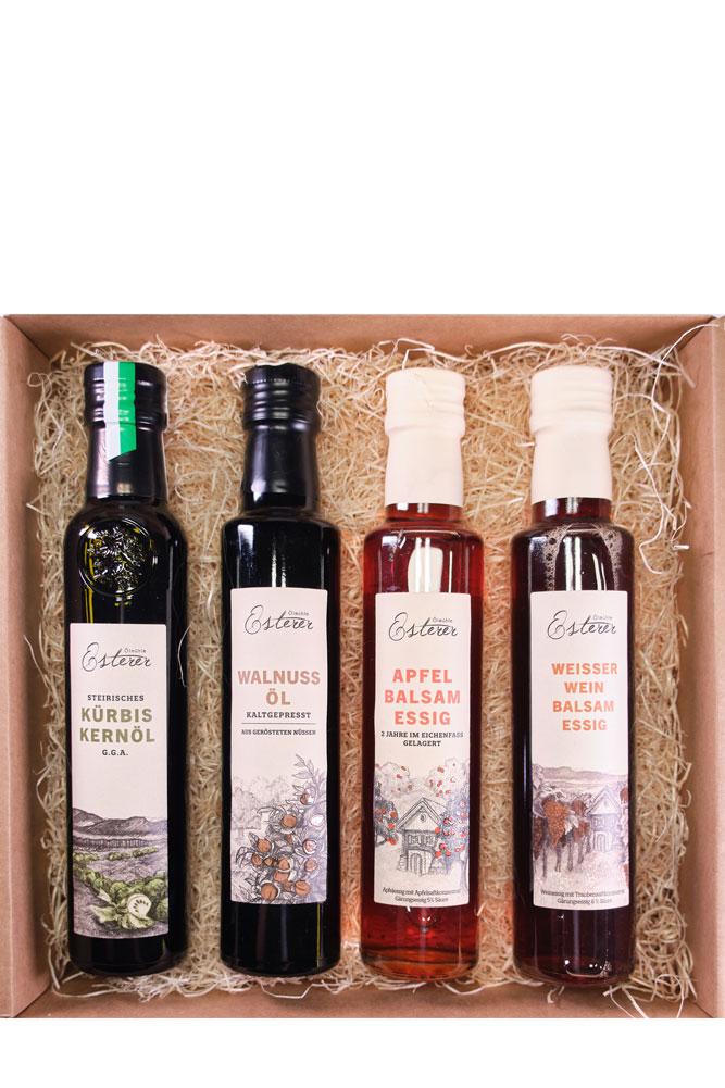 Geschenkspaket Genussquartett Oelmuehle Esterer